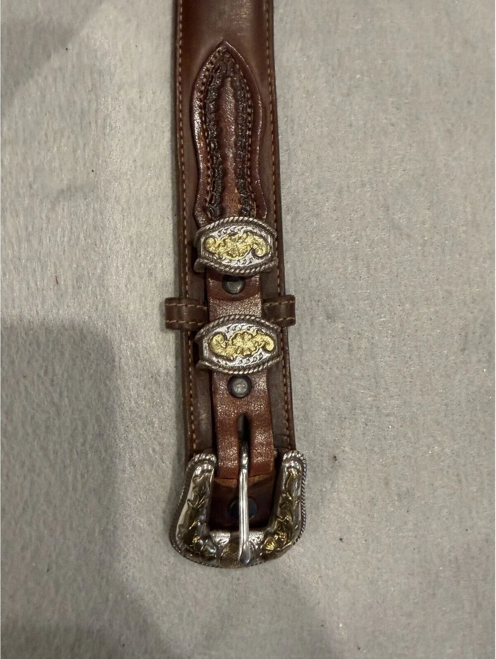 Vtg Men’s Nocona Leather Belt W/ Silver/Gold Tone Buckle Amazing Details Size 40